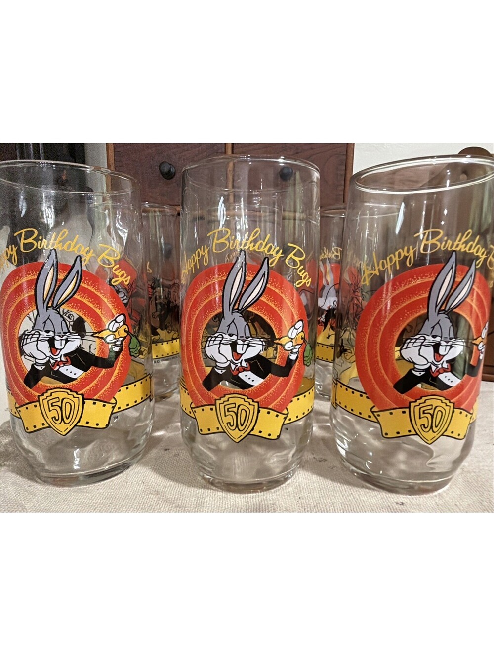 Warner Bros Bugs Bunny 50th Birthday Glass Set 1990 Vtg Looney Tunes Set Of 6